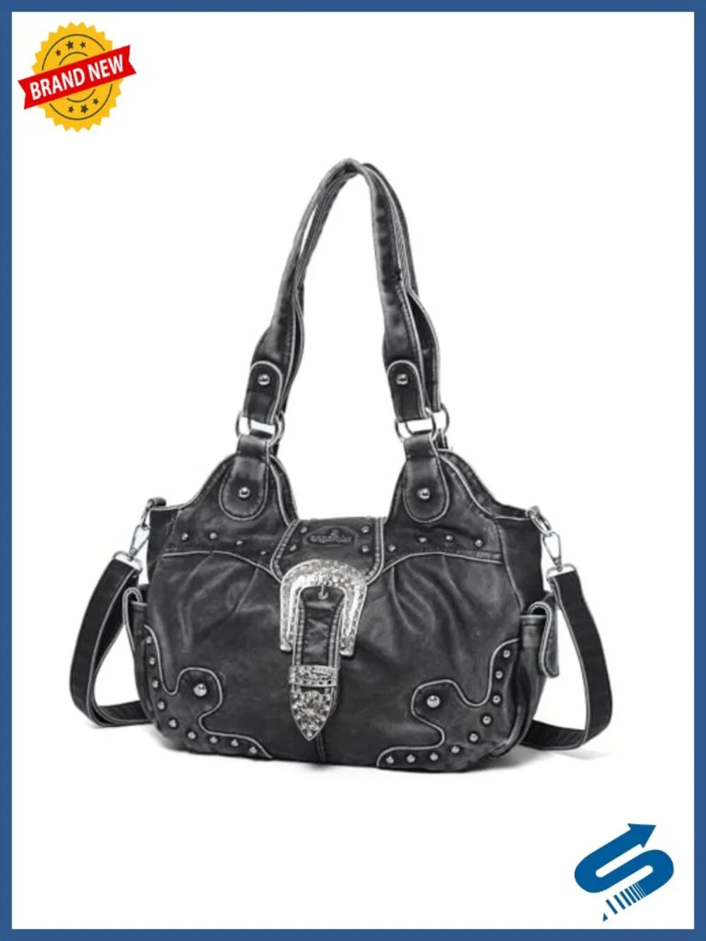 Vegan Leather Hobo Bag with Metal Studs Large Capacity Crossbody Shoulder Purse